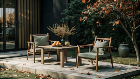 Outdoor patio in the garden with wooden furniture and autumn leaves.