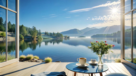 Beautiful view from the window of a wooden terrace overlooking a lake and mountainsの写真素材