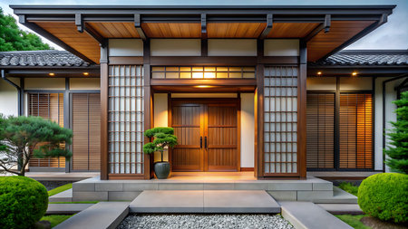 3d rendering of Japanese style house with garden and beautiful landscapingの写真素材