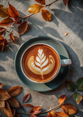 Coffee cup with latte art on the table, stock photoの写真素材
