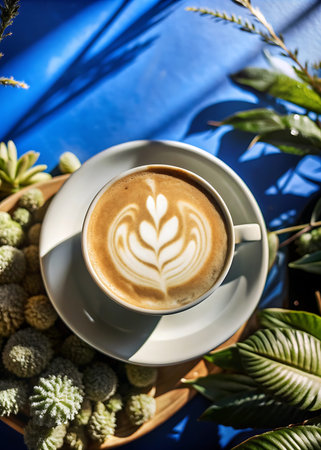 Coffee cup with beautiful latte art on blue background.