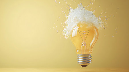 Lightbulb with water splash on yellow background. 3D renderingの写真素材