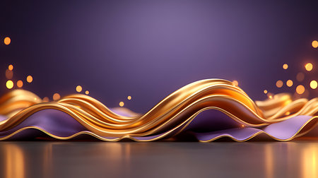 3d render of abstract golden wavy background with bokeh lightsの写真素材