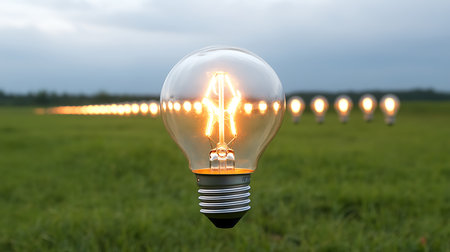 Light bulb on green grass background. Concept of idea and innovation.の写真素材
