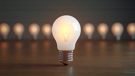 3d rendering of a light bulb on a wooden table with many bulbs in the backgroundの写真素材