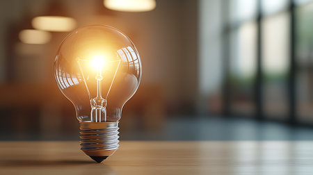 Glowing light bulb on wooden table in office. 3d renderingの写真素材