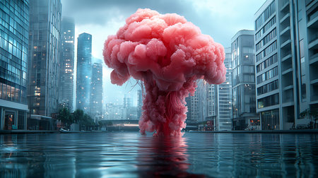 3d rendering of a pink smoke explosion in the city.