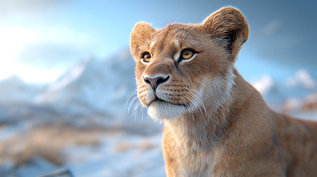 Lioness in the wild at sunset. 3D illustration.の写真素材