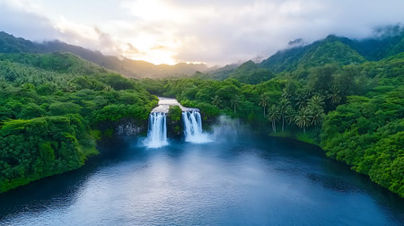 Aerial view of a waterfall at sunsetの写真素材