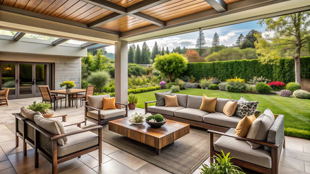 Luxury terrace with furniture and garden view. Nobody inside