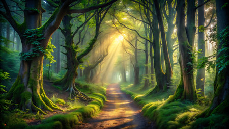 Mysterious forest in the morning with a path and sun raysの写真素材