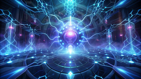 3D rendering of abstract futuristic background with neon lights and wireframeの写真素材