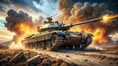 Heavy tank in the desert at sunset. 3D illustration. Elements of this image furnished by NASAの写真素材