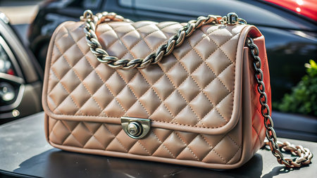 Leather handbag with chain on the table in the car.の写真素材
