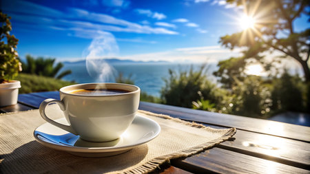 Coffee cup on the table with mountain view and blue sky backgroundの写真素材