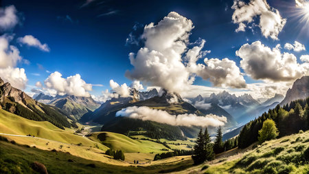 Panoramic view of the Dolomites mountains in Italy.の写真素材