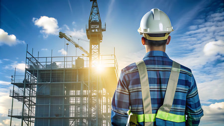 Rear view of engineer or architect on construction site with blue sky backgroundの写真素材