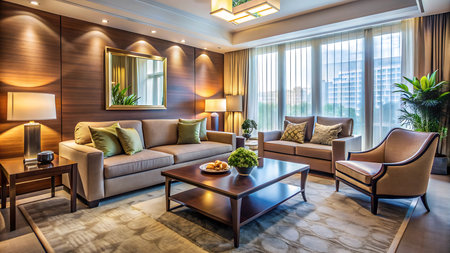 Luxury living room interior with sofa and coffee table in hotel resortの写真素材