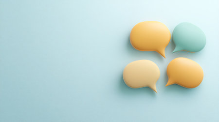 3d render of colorful speech bubbles on pastel blue background.の写真素材