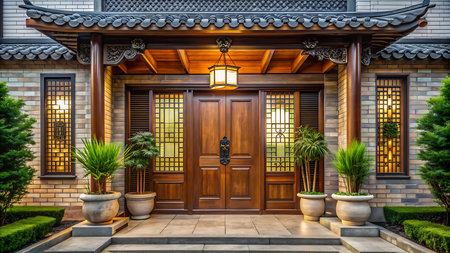 Wooden front door of Chinese traditional house with wooden door and lanternの写真素材