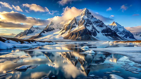 Beautiful winter landscape with snow-capped mountain peaks reflected in the lake.の写真素材