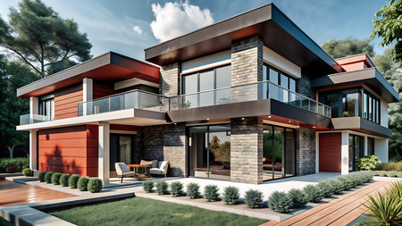 3d rendering of modern cozy house with pool and parking for sale or rent in luxurious style.の写真素材