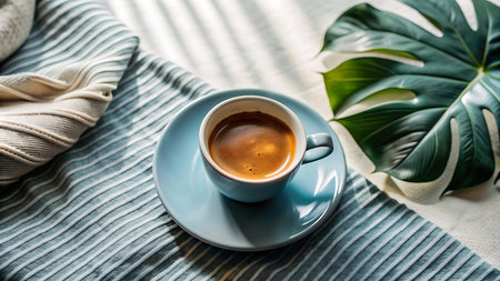 Cup of coffee on the bed with a green monstera leafの写真素材