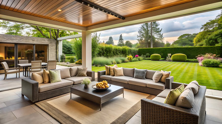 Luxury outdoor living area with garden view. 3d rendering.の写真素材
