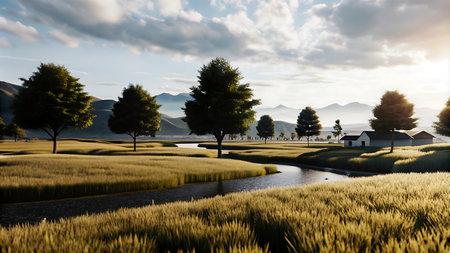 Beautiful landscape of rice field and mountain in the morning at sunsetの写真素材