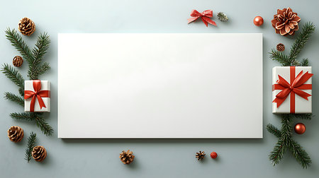 Christmas greeting card with gift boxes and fir branches on blue background. Top view with copy spaceの写真素材