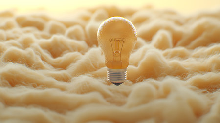 Light bulb on wool background. Creative idea concept. 3D Renderingの写真素材