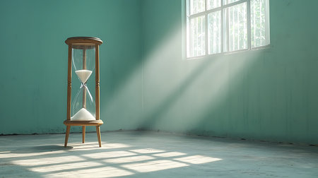 Hourglass in empty room with sunlight and shadows on wall. 3D renderingの写真素材