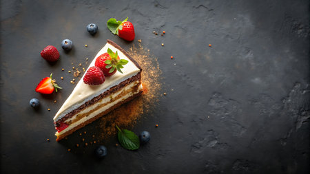 Piece of cake with cream and berries on a dark background.の写真素材