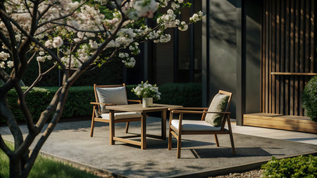 Outdoor patio with table and chairs in the garden on a sunny day