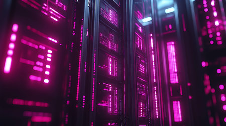 Futuristic server room data center with rows of hard drives.