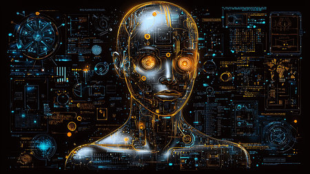 Artificial intelligence concept. Futuristic cyborg head on dark background. 3D rendering