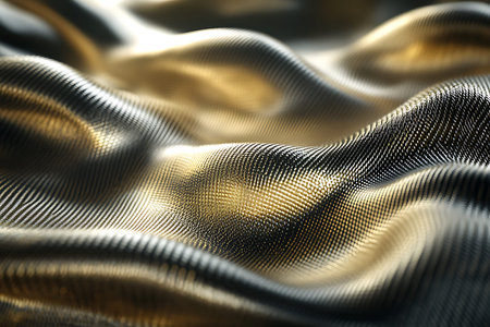Golden fabric with waves. 3d rendering, 3d illustration.の写真素材