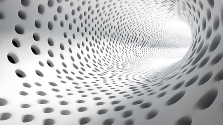 Abstract 3d rendering of chaotic halftone dots in tunnel.