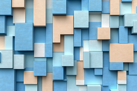abstract blue background with wooden cubes and squares, 3d illustration