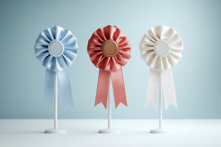 3d render of a set of award ribbons on a blue background