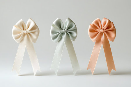 Three satin ribbons of different colors on a white background.の写真素材