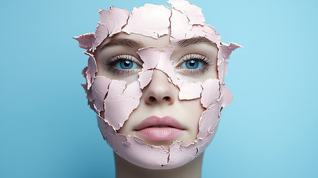 Portrait of a beautiful young woman with pink facial mask on blue backgroundの写真素材