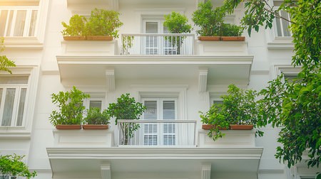 Balcony of a modern apartment building with green plants in potsの写真素材