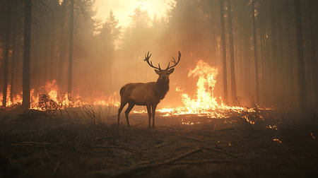 Silhouette of a red deer stag in the forest during a strong fire.の写真素材