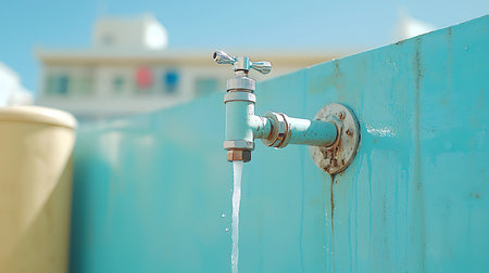 Faucet in the garden with blue wall and white house backgroundの写真素材