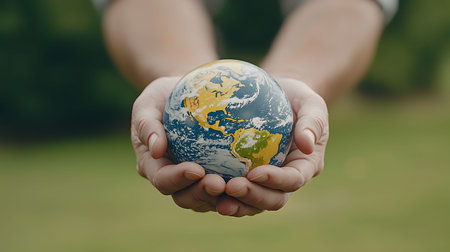 Hands holding a globe in front of a green grass background.の写真素材