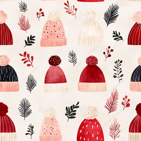 Seamless pattern with winter hats. Hand drawn watercolor illustration.の写真素材