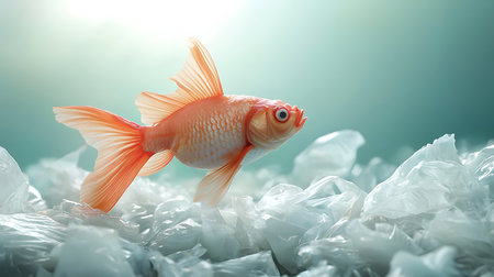 Goldfish in plastic trash bags on blue background. Save the world conceptの写真素材
