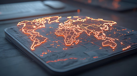World map hologram on computer background. Double exposure. Global business concept.の写真素材