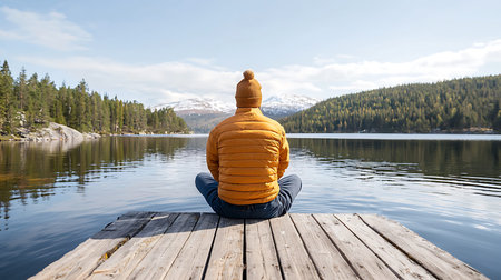 Man sitting on a wooden pier and looking at the lake in the mountains